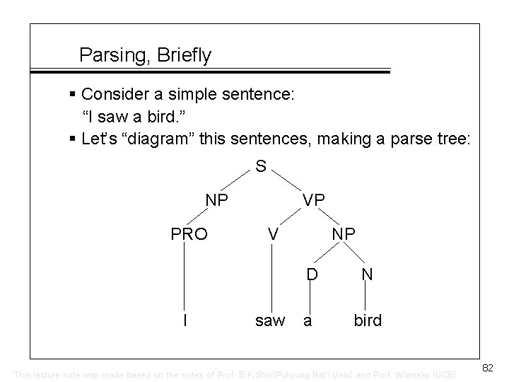 Parsing, Briefly § Consider a simple sentence: “I saw a bird. ” § Let’s