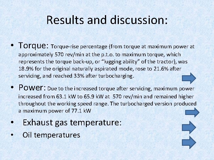 Results and discussion: • Torque: Torque-rise percentage (from torque at maximum power at approximately