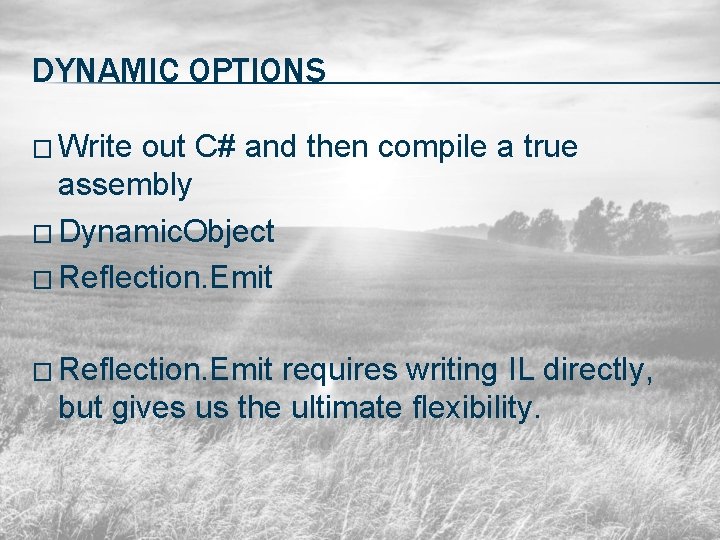 DYNAMIC OPTIONS � Write out C# and then compile a true assembly � Dynamic.