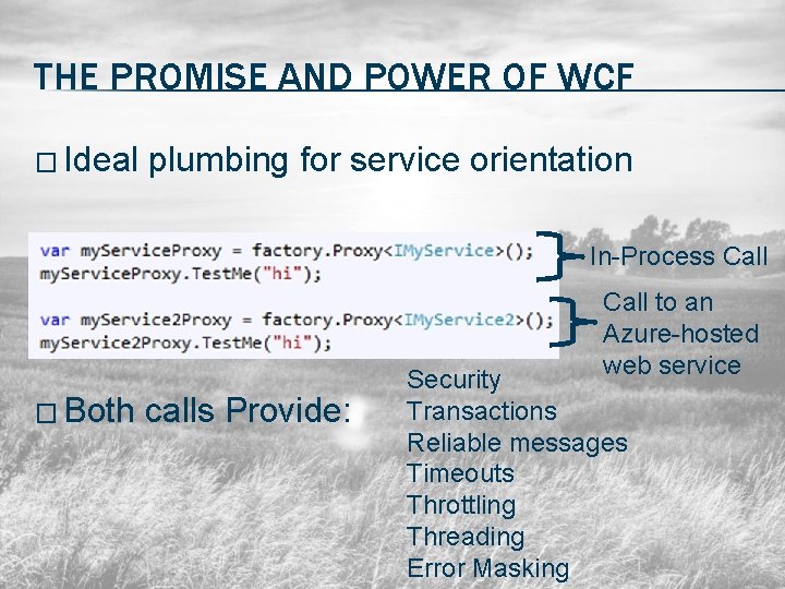 THE PROMISE AND POWER OF WCF � Ideal plumbing for service orientation In-Process Call