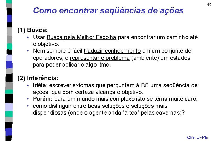 45 Como encontrar seqüências de ações (1) Busca: • Usar Busca pela Melhor Escolha