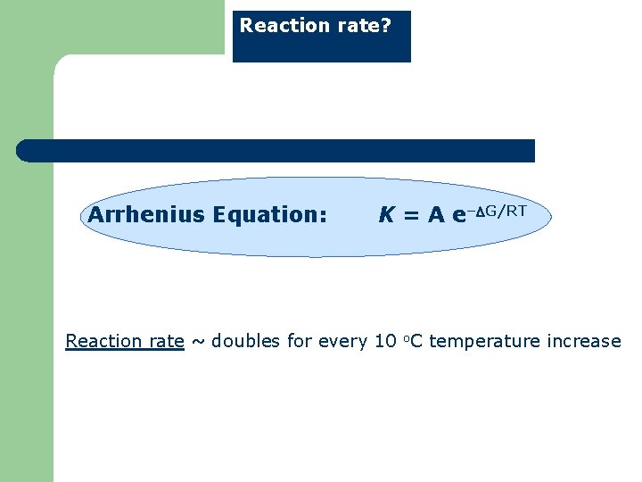 Reaction rate? Arrhenius Equation: K = A e–DG/RT Reaction rate ~ doubles for every