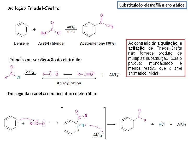 Acilação Friedel-Crafts Primeiro passo: Geração do eletrófilo: Em seguida o anel aromatico ataca o