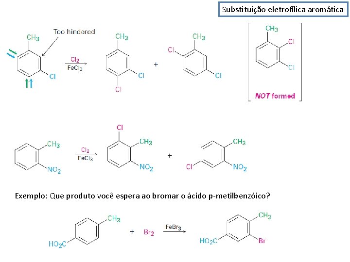 Substituição eletrofílica aromática Exemplo: Que produto você espera ao bromar o ácido p-metilbenzóico? 