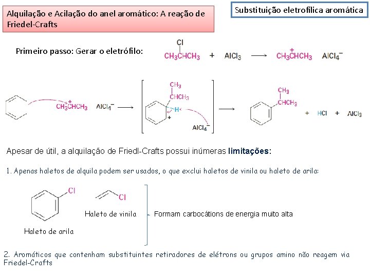 Alquilação e Acilação do anel aromático: A reação de Friedel-Crafts Substituição eletrofílica aromática Primeiro