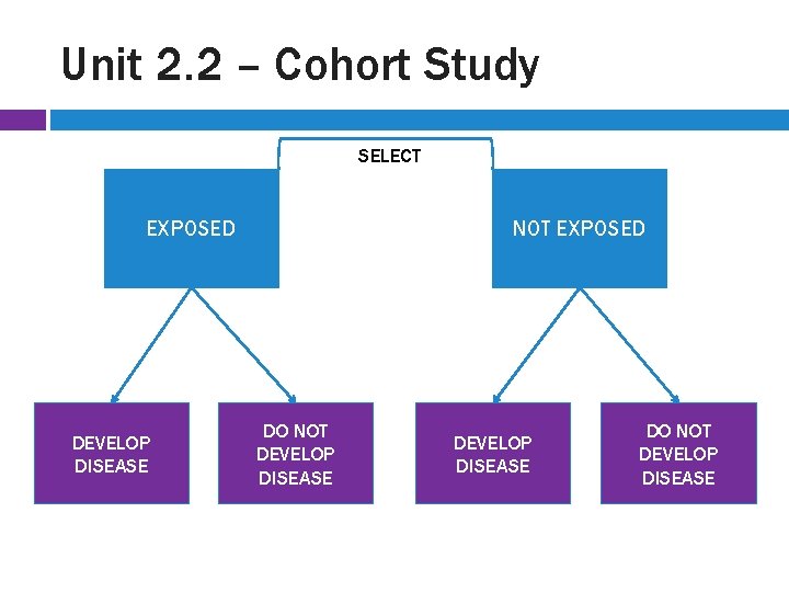 Unit 2. 2 – Cohort Study SELECT EXPOSED DEVELOP DISEASE NOT EXPOSED DO NOT