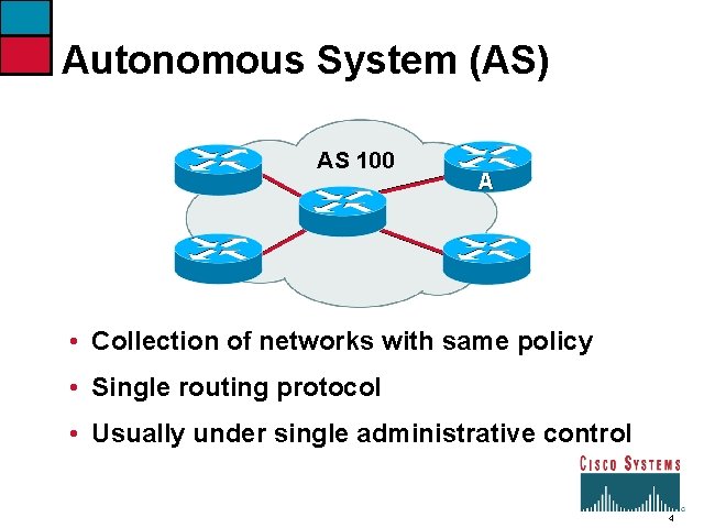 Autonomous System (AS) AS 100 A • Collection of networks with same policy •