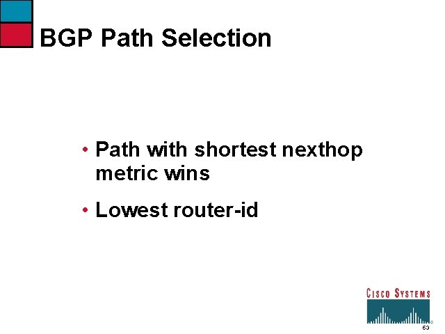 BGP Path Selection • Path with shortest nexthop metric wins • Lowest router-id 53