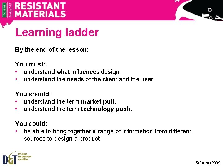 Learning ladder By the end of the lesson: You must: • understand what influences