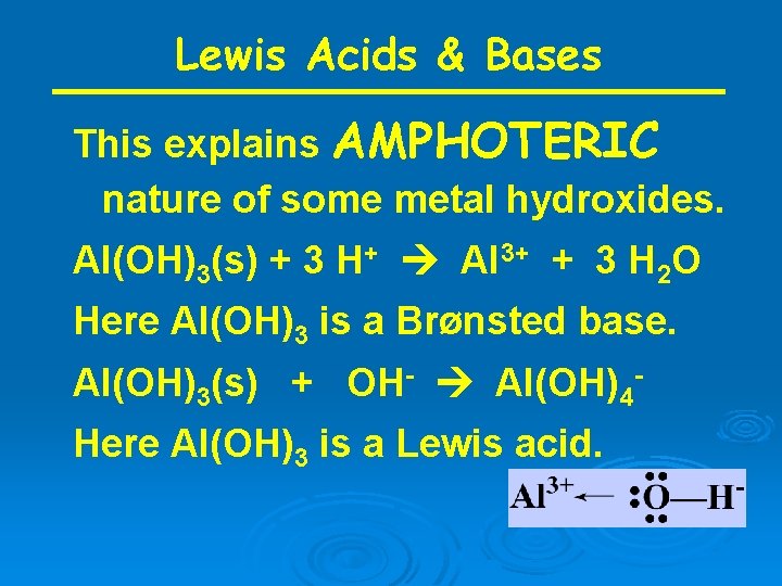 Lewis Acids & Bases This explains AMPHOTERIC nature of some metal hydroxides. Al(OH)3(s) +