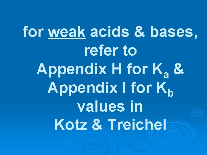 for weak acids & bases, refer to Appendix H for Ka & Appendix I