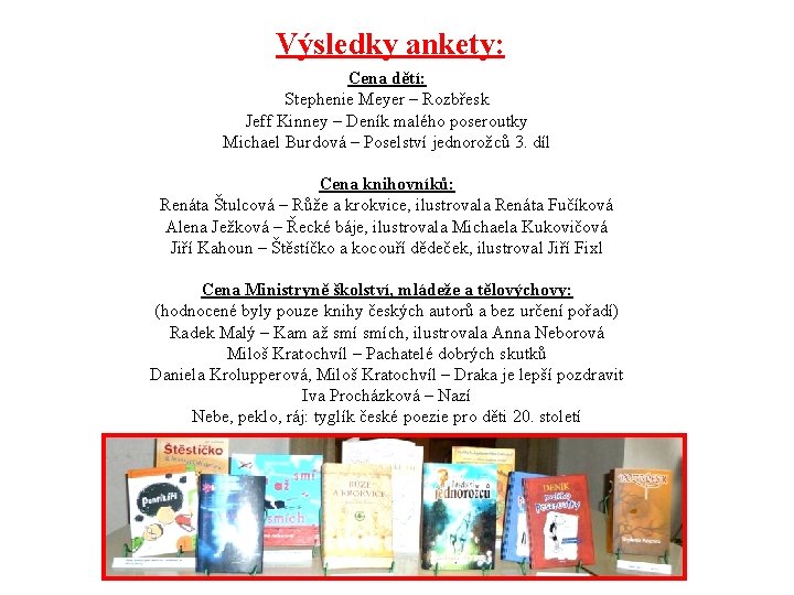 Výsledky ankety: Cena dětí: Stephenie Meyer – Rozbřesk Jeff Kinney – Deník malého poseroutky