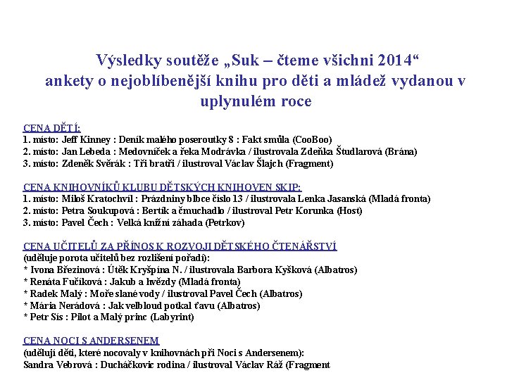  Výsledky soutěže „Suk – čteme všichni 2014“ ankety o nejoblíbenější knihu pro děti