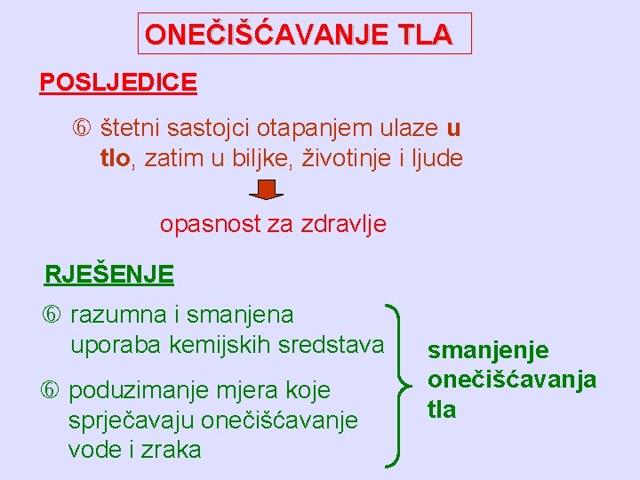 ONEČIŠĆAVANJE TLA POSLJEDICE štetni sastojci otapanjem ulaze u tlo, zatim u biljke, životinje i