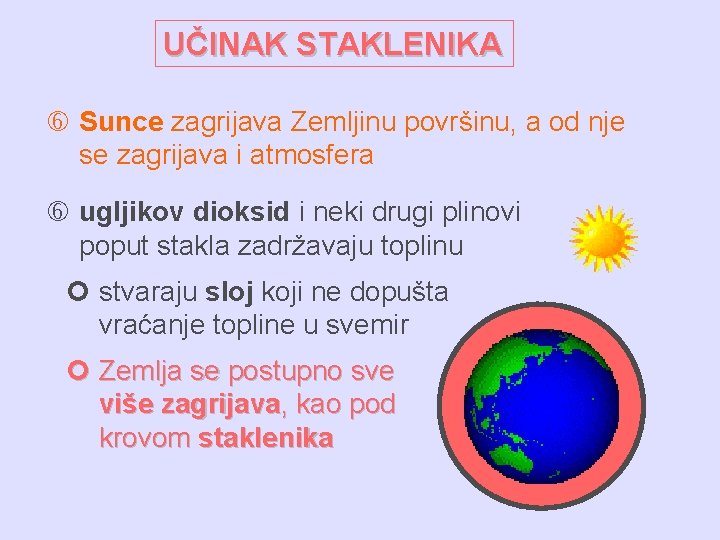 UČINAK STAKLENIKA Sunce zagrijava Zemljinu površinu, a od nje se zagrijava i atmosfera ugljikov