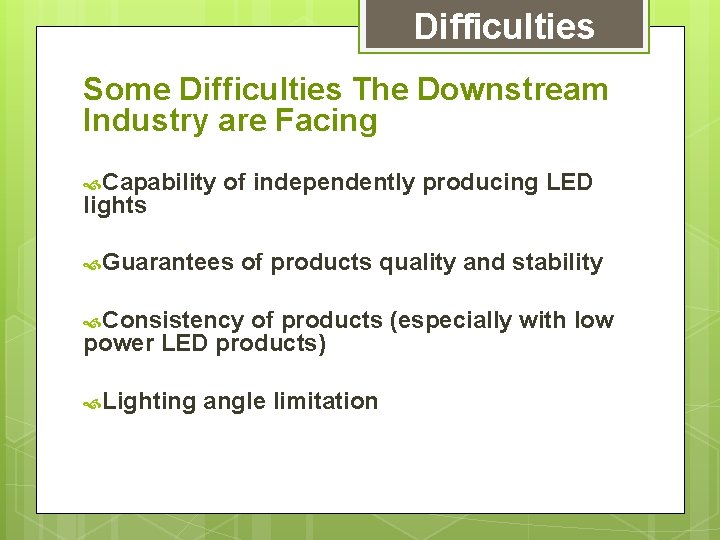 Difficulties Some Difficulties The Downstream Industry are Facing Capability of independently producing LED lights
