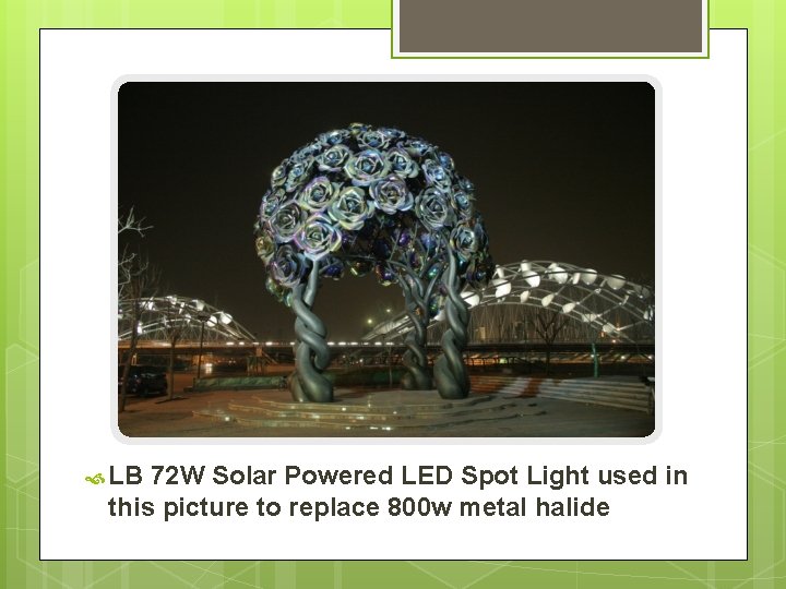  LB 72 W Solar Powered LED Spot Light used in this picture to
