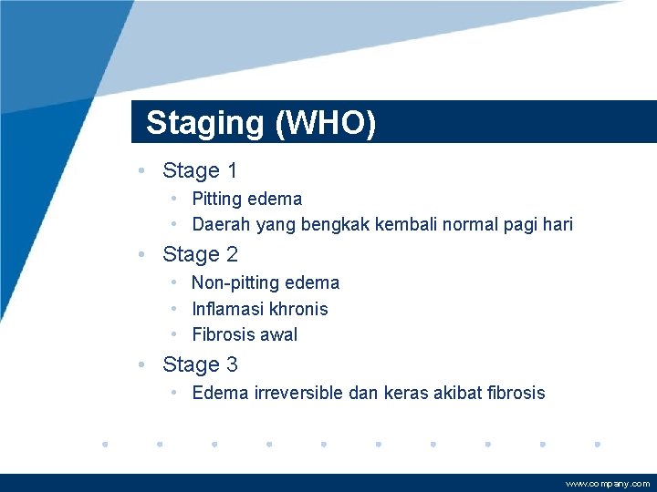 Staging (WHO) • Stage 1 • Pitting edema • Daerah yang bengkak kembali normal
