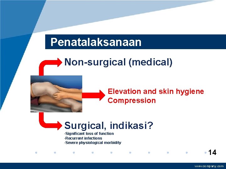 Penatalaksanaan Non-surgical (medical) Elevation and skin hygiene Compression Surgical, indikasi? -Significant loss of function