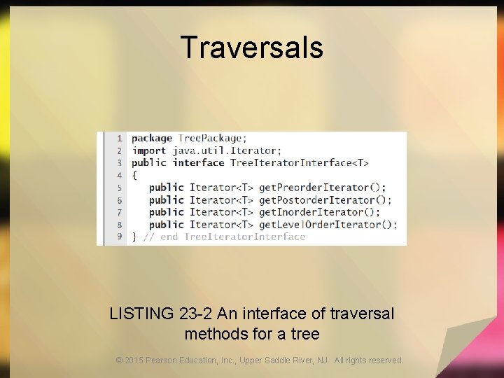 Traversals LISTING 23 -2 An interface of traversal methods for a tree © 2015