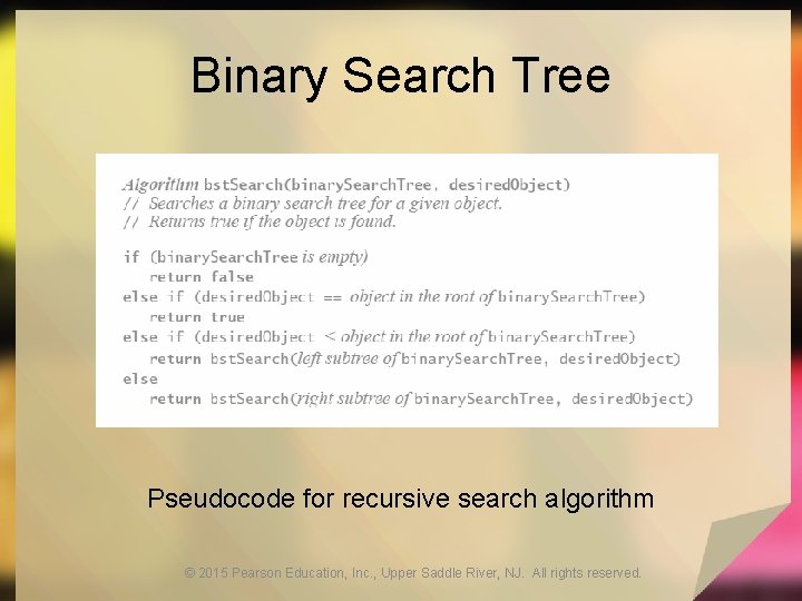 Binary Search Tree Pseudocode for recursive search algorithm © 2015 Pearson Education, Inc. ,