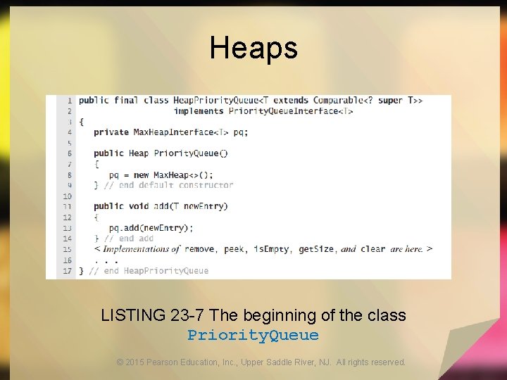 Heaps LISTING 23 -7 The beginning of the class Priority. Queue © 2015 Pearson