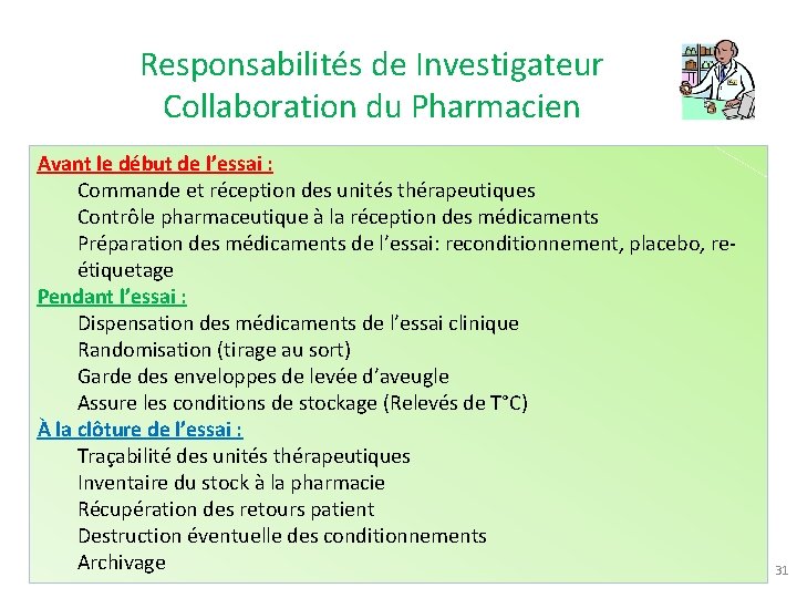 Responsabilités de Investigateur Collaboration du Pharmacien Avant le début de l’essai : Commande et