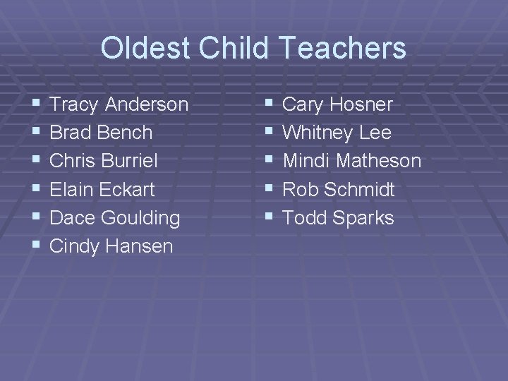 Oldest Child Teachers § § § Tracy Anderson Brad Bench Chris Burriel Elain Eckart