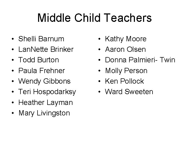 Middle Child Teachers • • Shelli Barnum Lan. Nette Brinker Todd Burton Paula Frehner