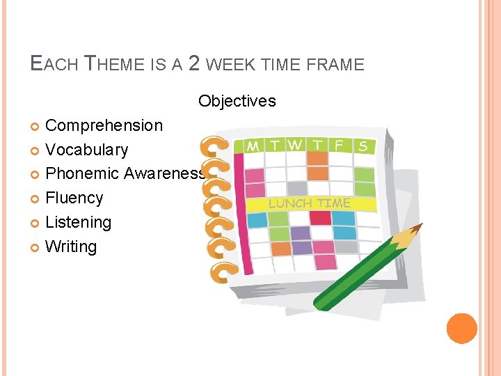 EACH THEME IS A 2 WEEK TIME FRAME Objectives Comprehension Vocabulary Phonemic Awareness Fluency