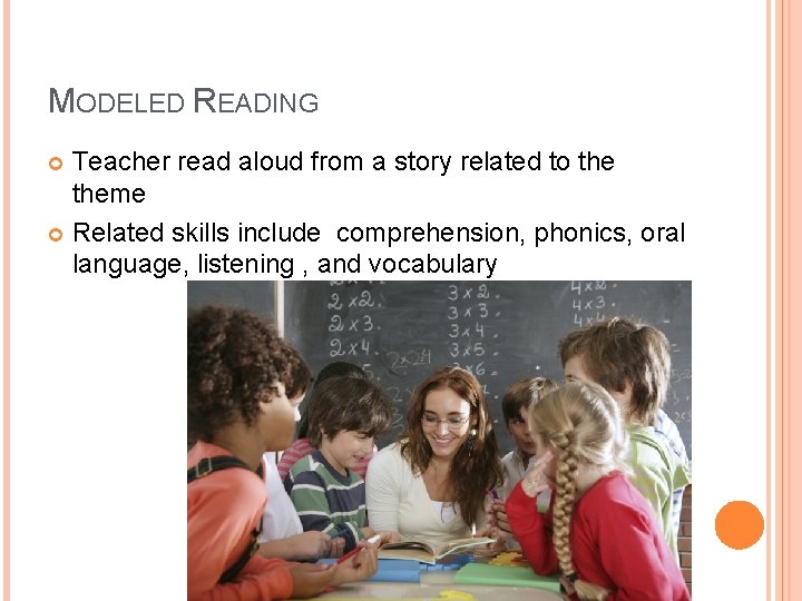 MODELED READING Teacher read aloud from a story related to theme Related skills include