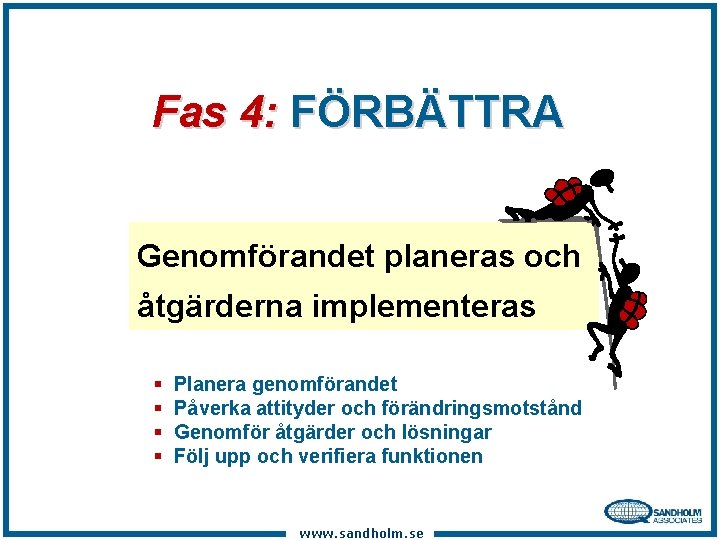 Fas 4: FÖRBÄTTRA Genomförandet planeras och åtgärderna implementeras § § Planera genomförandet Påverka attityder