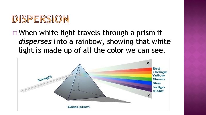 � When white light travels through a prism it disperses into a rainbow, showing