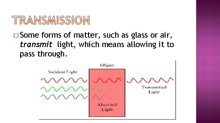 � Some forms of matter, such as glass or air, transmit light, which means