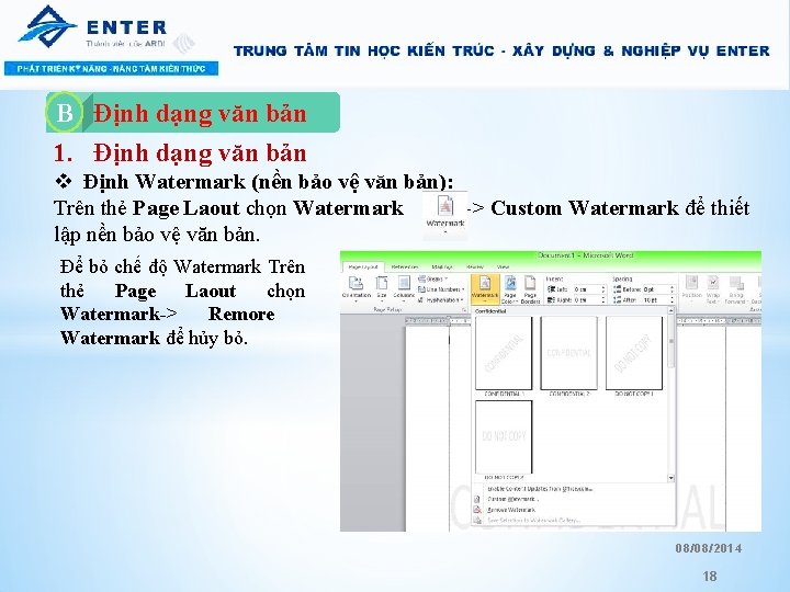 Định dạng văn bản 1. Định dạng văn bản B A. v Định Watermark