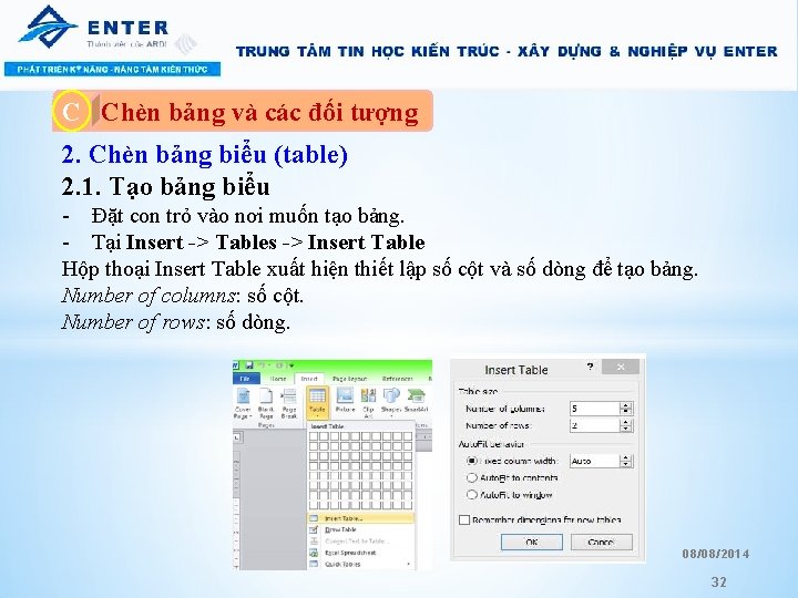 C A. Chèn bảng và các đối tượng 2. Chèn bảng biểu (table) 2.