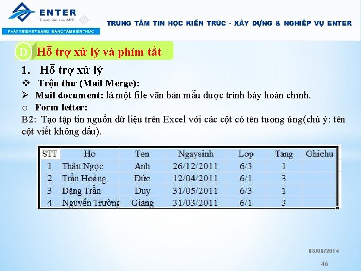 A. Hỗ trợ xử lý và phím tắt D 1. Hỗ trợ xử lý