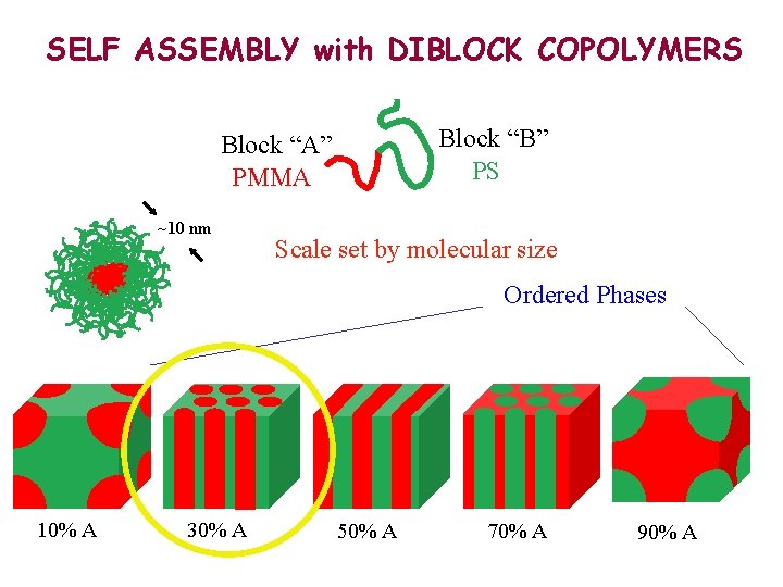 SELF ASSEMBLY with DIBLOCK COPOLYMERS Block “B” PS Block “A” PMMA ~10 nm Scale