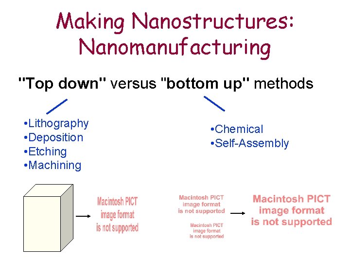 Making Nanostructures: Nanomanufacturing "Top down" versus "bottom up" methods • Lithography • Deposition •
