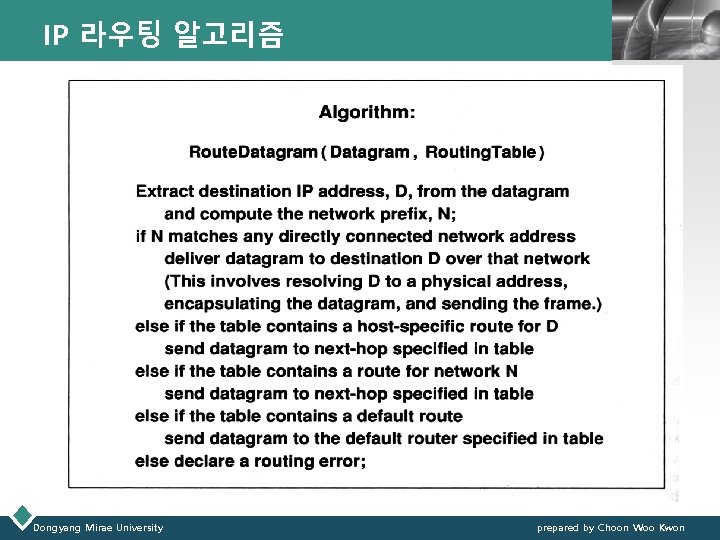 IP 라우팅 알고리즘 Dongyang Mirae University LOGO prepared by Choon Woo Kwon 