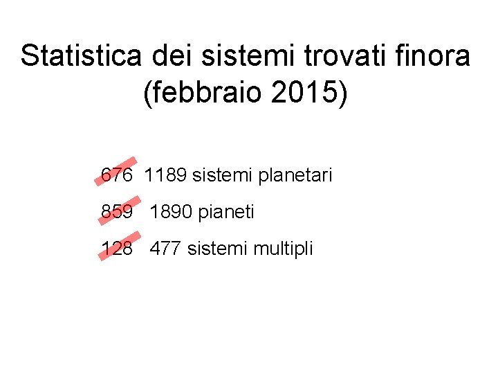 Statistica dei sistemi trovati finora (febbraio 2015) 676 1189 sistemi planetari 859 1890 pianeti