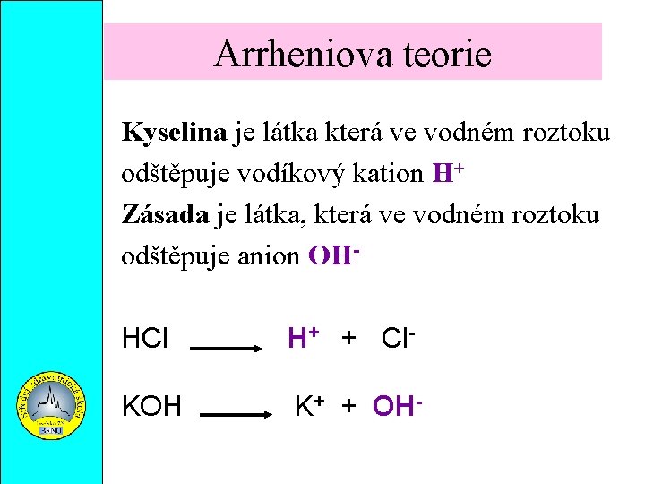 Arrheniova teorie Kyselina je látka která ve vodném roztoku odštěpuje vodíkový kation H+ Zásada