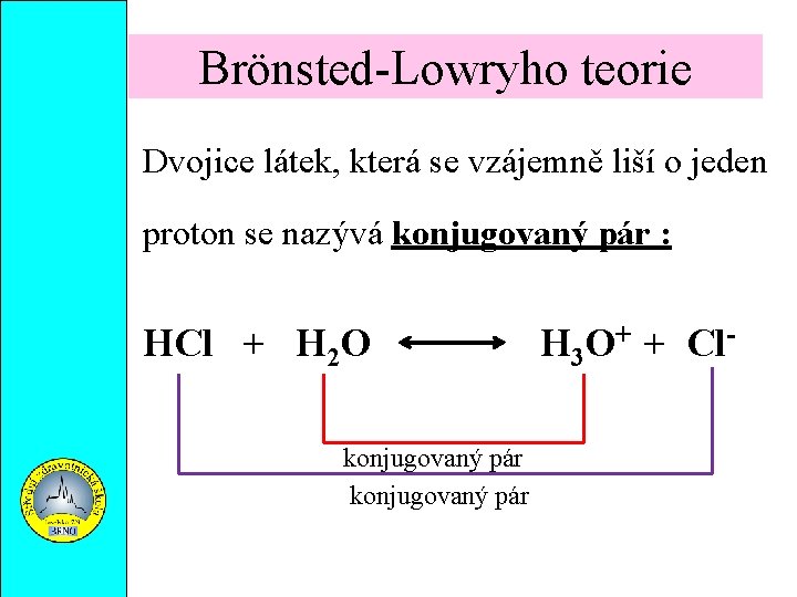 Brönsted-Lowryho teorie Dvojice látek, která se vzájemně liší o jeden proton se nazývá konjugovaný