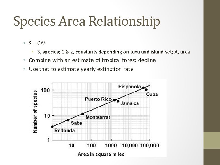 Species Area Relationship • S = CAz • S, species; C & z, constants