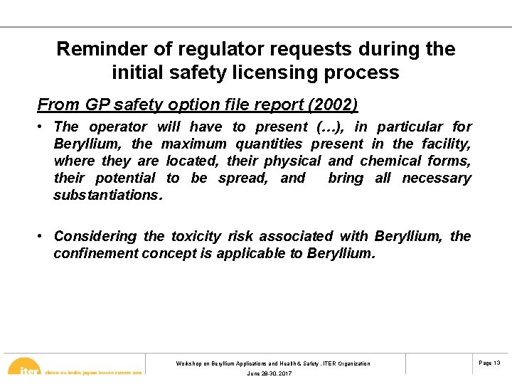 Reminder of regulator requests during the initial safety licensing process From GP safety option