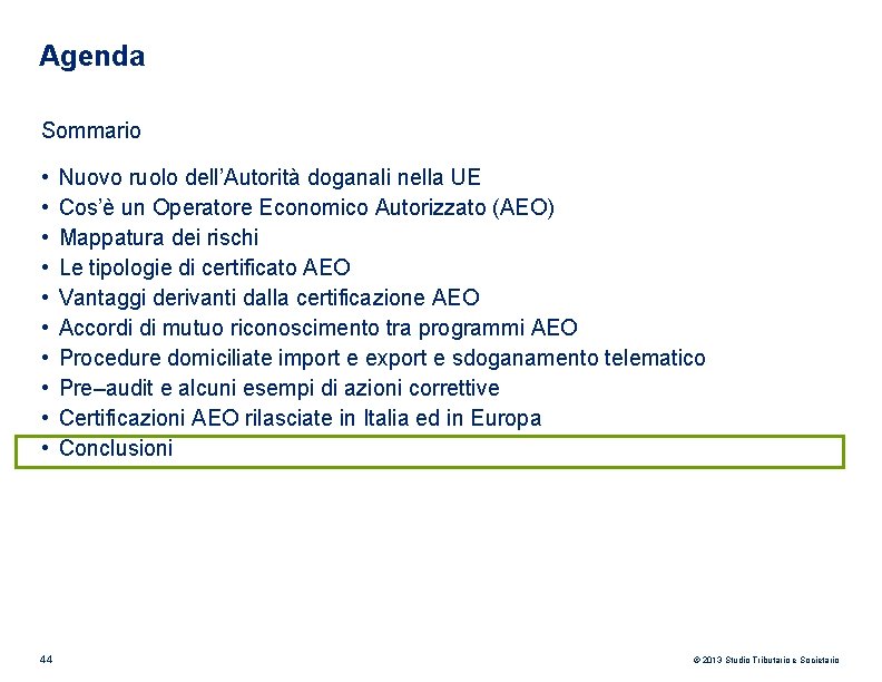 Agenda Sommario • • • 44 Nuovo ruolo dell’Autorità doganali nella UE Cos’è un