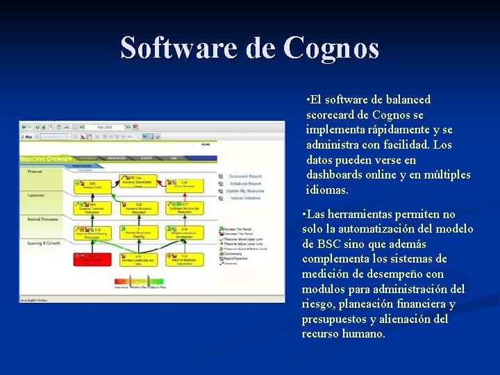 Software de Cognos • El software de balanced scorecard de Cognos se implementa rápidamente