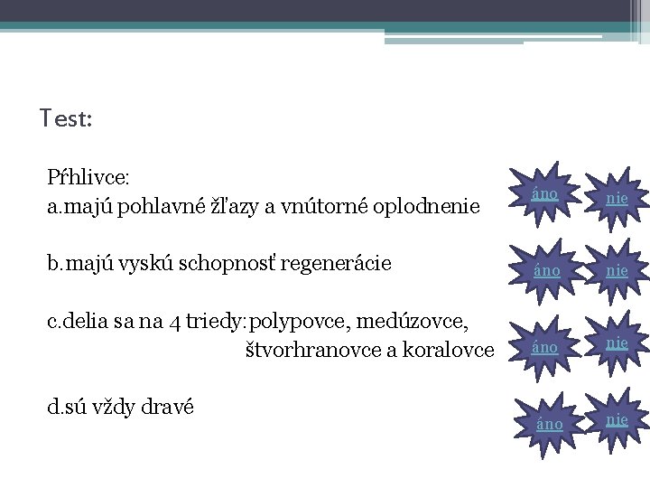 Test: Pŕhlivce: a. majú pohlavné žľazy a vnútorné oplodnenie áno nie b. majú vyskú