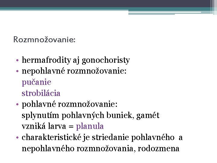 Rozmnožovanie: • hermafrodity aj gonochoristy • nepohlavné rozmnožovanie: pučanie strobilácia • pohlavné rozmnožovanie: splynutím