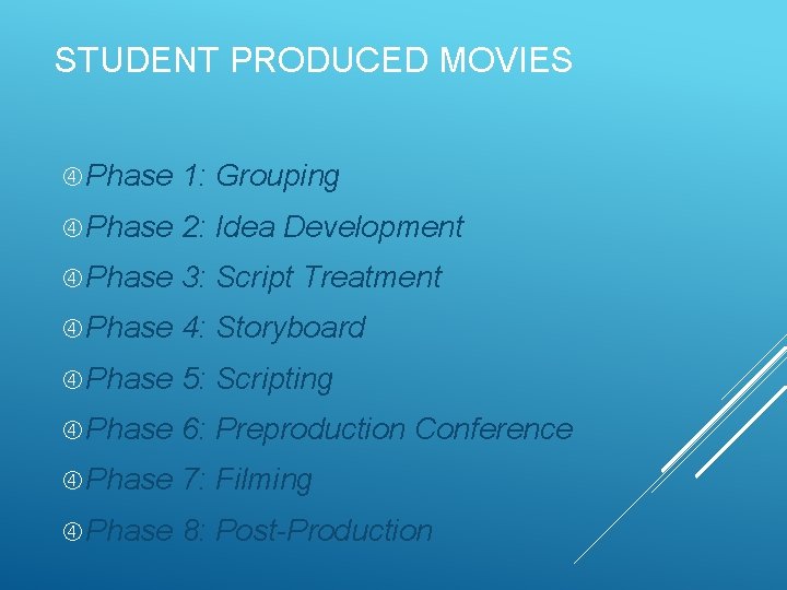 STUDENT PRODUCED MOVIES Phase 1: Grouping Phase 2: Idea Development Phase 3: Script Treatment